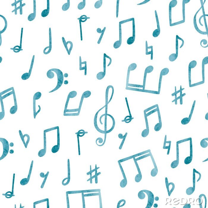 Sticker Seamless blue music notes pattern. Musical watercolor background.