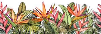 Sticker Seamless border with tropical palm leaves, exotic heliconia and strelitzia flowers.
