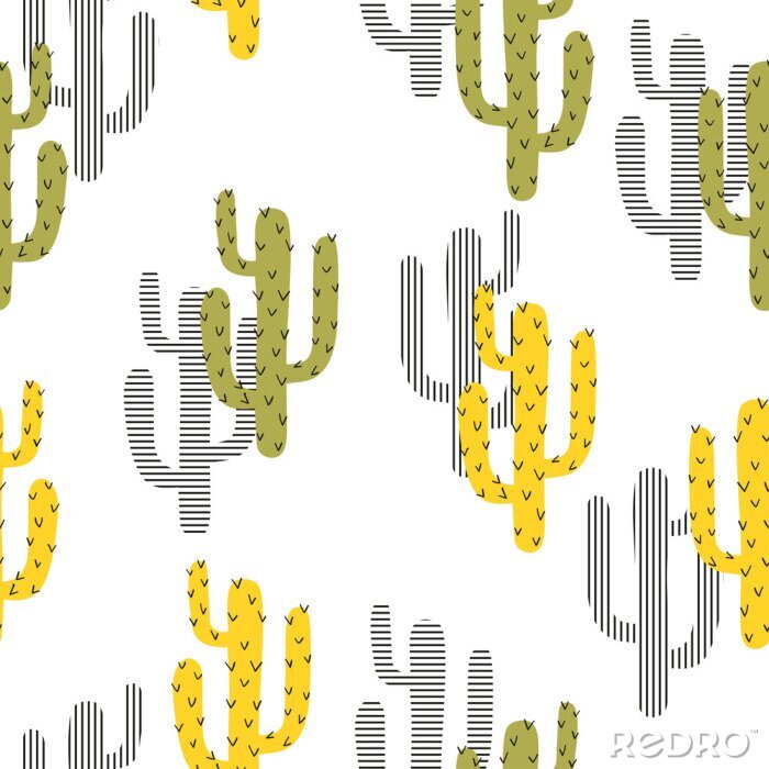 Sticker Seamless cartoon cactus pattern. Vector background with abstract green and yellow cactus.
