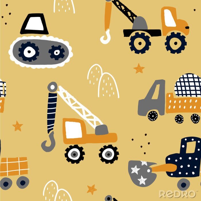 Sticker Seamless childish pattern with hand drawn building cars. Creative kids texture for fabric, wrapping, textile, wallpaper, apparel. Vector illustration