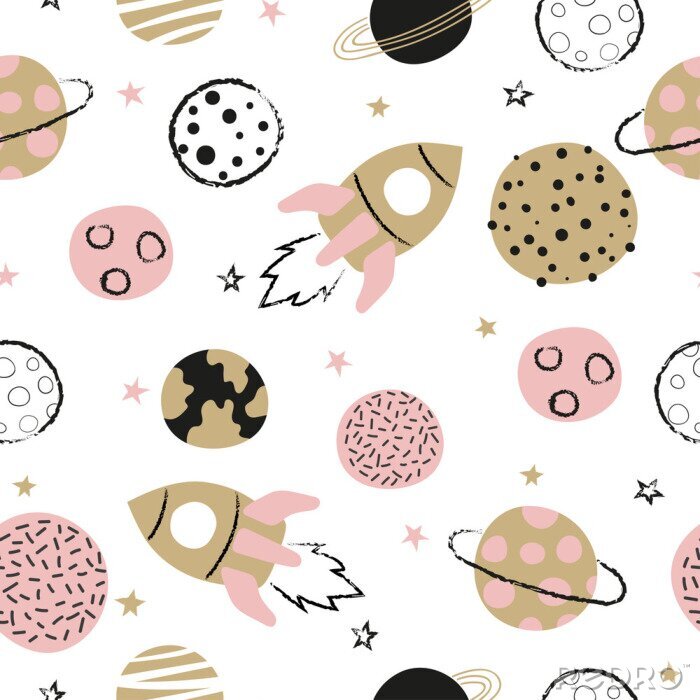 Sticker Seamless childish space pattern with hand drawn planets and rockets.
