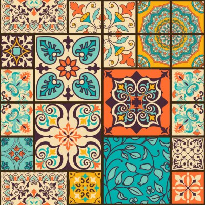 Sticker Seamless colorful patchwork tile with Islam, Arabic, Indian, ottoman motifs. Majolica pottery tile. Portuguese and Spain decor. Ceramic tile in talavera style. Vector illustration.