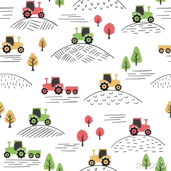 Sticker Seamless colorful pattern with doodle tractors.