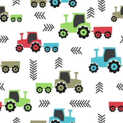 Seamless hand drawn tractor pattern for kids.