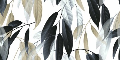 Sticker Seamless pattern, black, golden and white long leaves on light grey background