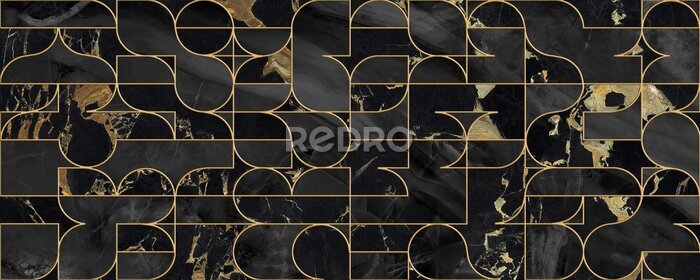 Sticker Seamless pattern design with golden geometric lines, black marble surface, modern luxurious background