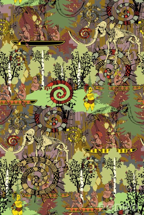 Sticker Seamless pattern inspired by the art of primitive people.  Suitable for fabric, wrapping paper and the like