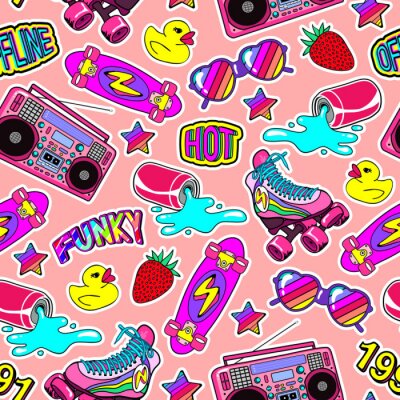 Sticker Seamless pattern with colorful elements: skateboard, sunglasses, boombox, rubber duck, vintage roller blades, spilling soda can, rainbow stars, funky patches, strawberries, etc. 80s comic style.