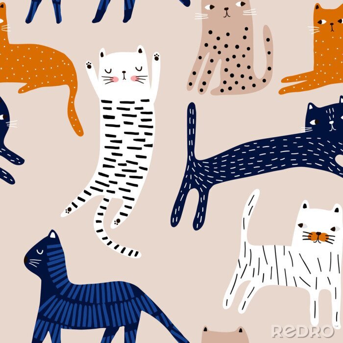 Sticker Seamless pattern with cute colorful cats. Creative childish texture. Great for fabric, textile Vector Illustration