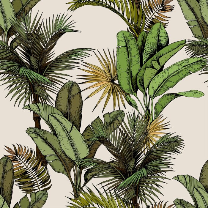 Sticker Seamless pattern with green tropical palm and banana leaves. Hand drawn vector illustration on beige background.