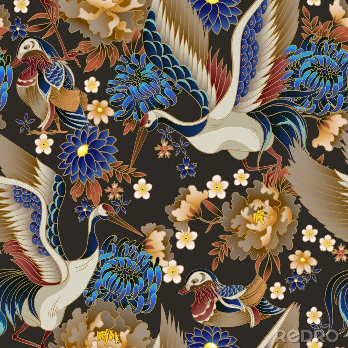 Sticker Seamless pattern with mandarin ducks, flowers and cranes. Vector.