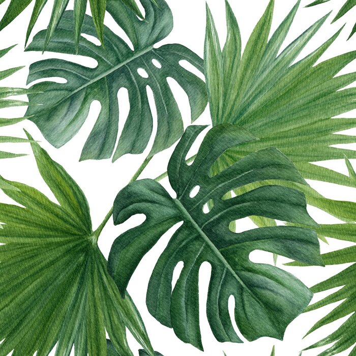 Sticker Seamless pattern with  tropic leaves. Watercolor hand drawn background.