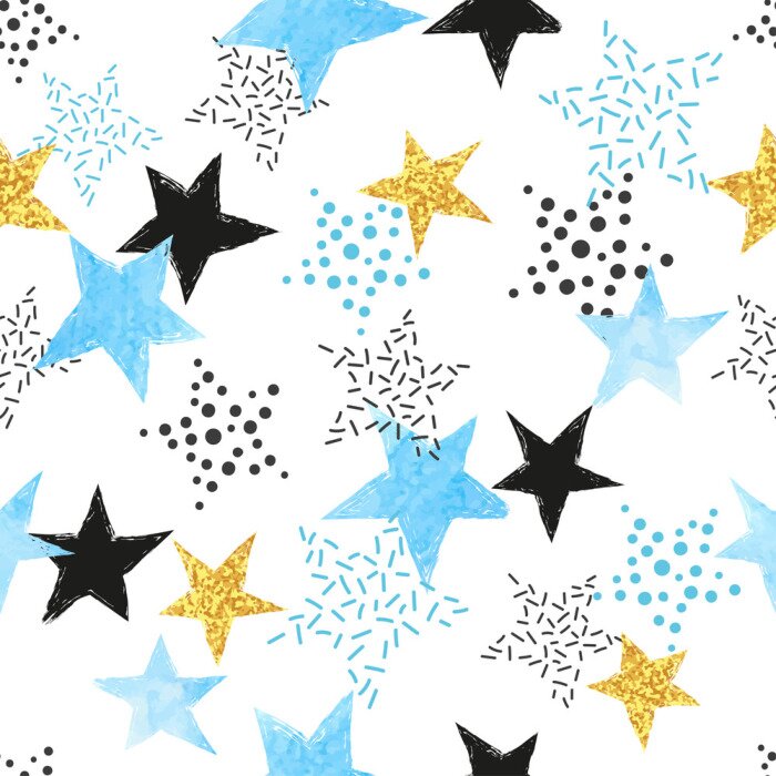 Sticker Seamless Stars pattern. Vector background with watercolor blue and glittering golden stars.