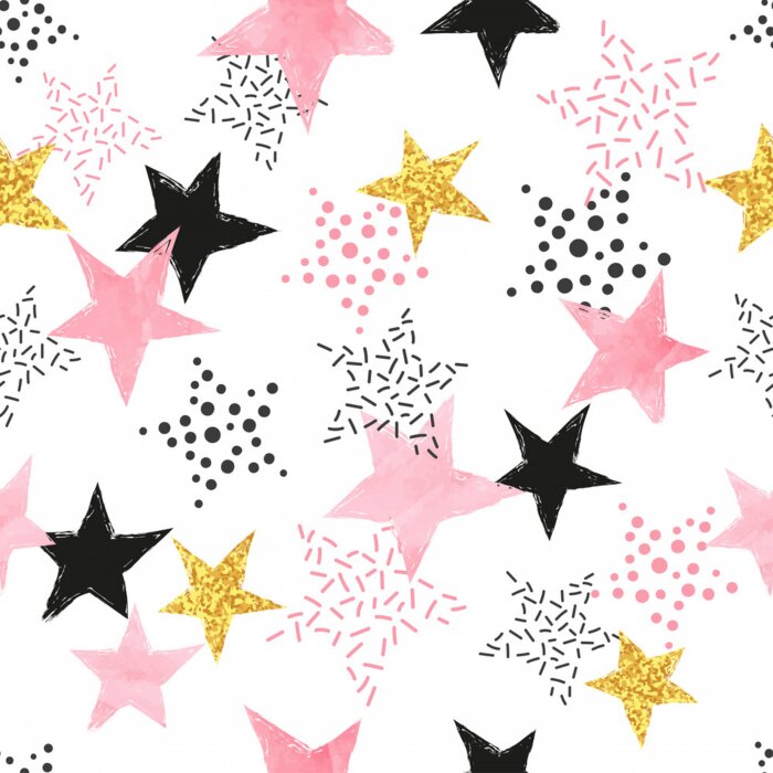 Sticker Seamless Stars pattern. Vector background with watercolor pink and glittering golden stars.