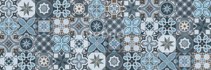 Sticker Seamless tiles background in portuguese style. Blue and white mosaic pattern. Tiles for ceramic in dutch, portuguese, spanish, italian style.