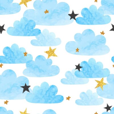 Seamless vector blue watercolor clouds and stars pattern. 