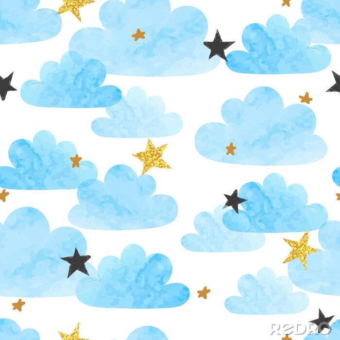 Sticker Seamless vector blue watercolor clouds and stars pattern. 