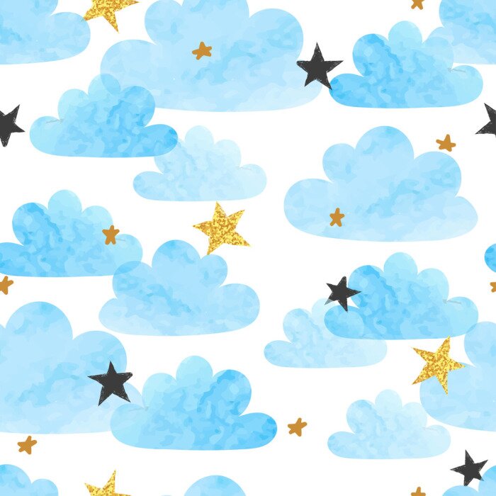 Sticker Seamless vector blue watercolor clouds and stars pattern. 