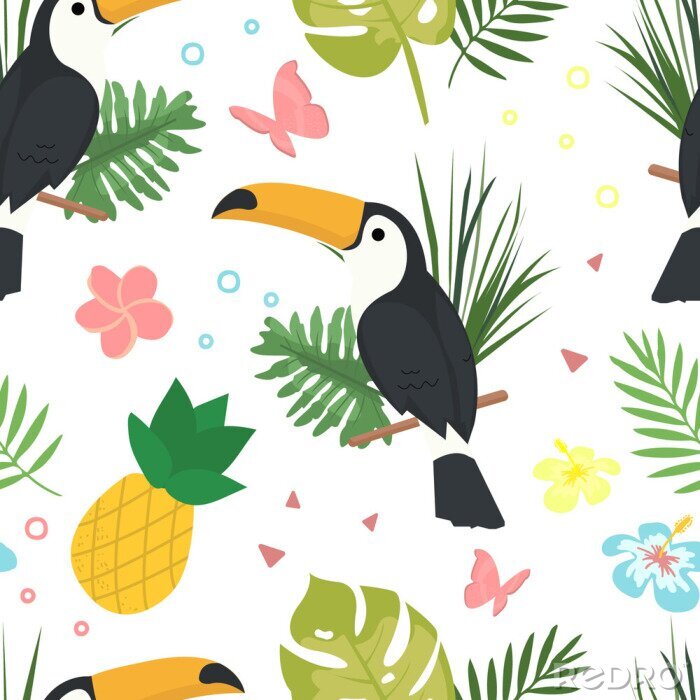 Sticker Seamless vector cartoon doodle pattern. Exotic tropical texture for printing, web design, poster template. Collection of funny elements