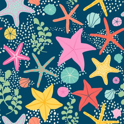 Sticker Seamless vector pattern with starfish on the dark background. 