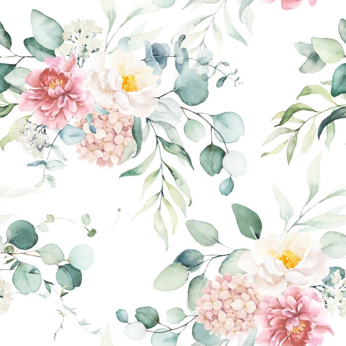 Sticker Seamless watercolor floral pattern with pink & peach cream flowers, leaves composition on white background, perfect for wrappers, wallpapers, postcards, greeting cards, wedding invitations, events.