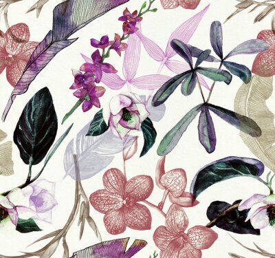 Sticker Seamless watercolor pattern with tropical flowers, magnolia, orange flower, vanilla orchid, tropical leaves, banana leaves