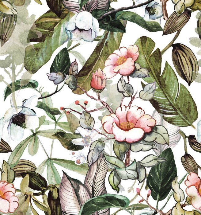 Sticker Seamless watercolor pattern with tropical flowers, magnolia, orange flower, vanilla orchid, tropical leaves, banana leaves