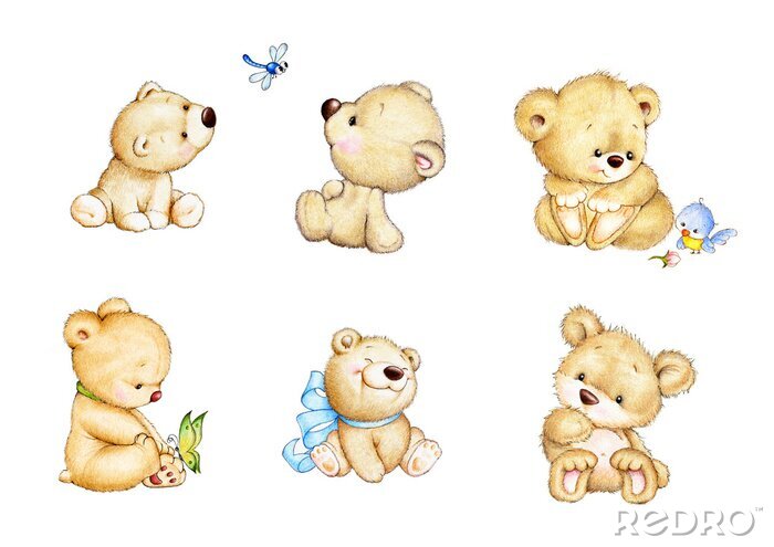 Sticker Sechs Bären, ein Schmetterling, eine Libelle und ein Vogel