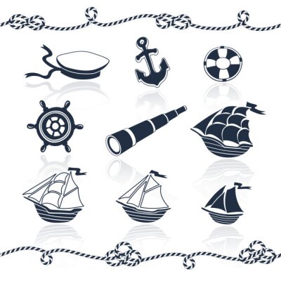 Seeobjekte gesetzt. Marine Vektorsammlung. Schiffe, Anker, Seile, Fernglas, Rad, Matrosenhut, Rettungsring. Nautische Elemente lokalisiert auf weißem Hintergrund