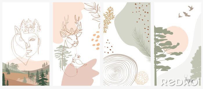 Sticker Set of abstract vertical background with forest animals, woman face, plants in one line style and abstract shapes and landscape. Background for social media minimalistic style. Vector illustration