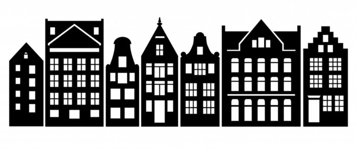 Sticker Set of Amsterdam style houses. Laser cut silhouette. Stylized facades of dutch buildings in old European fashion. Wood carving vector template. Urban landscape in black and white. Paper cut, die cut.