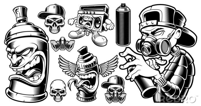 Sticker Set of black and white graffiti characters.