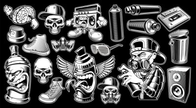 Sticker Set of black and white graffiti stickers.