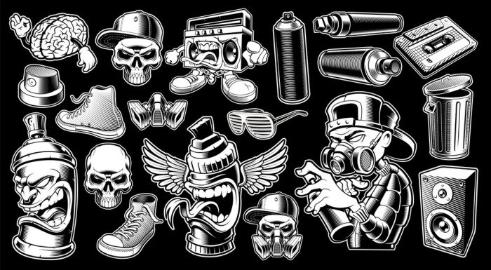 Sticker Set of black and white graffiti stickers.