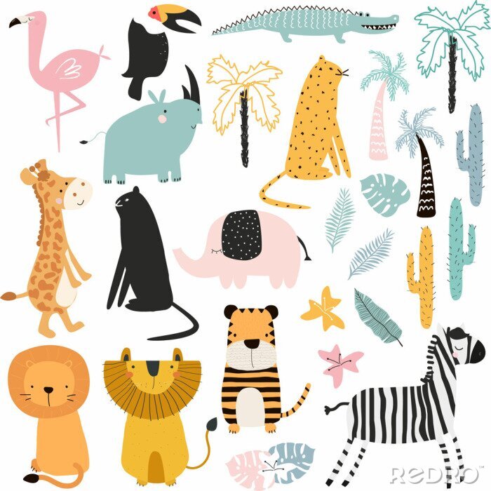 Sticker Set of cartoon African animals and plants. Vector hand drawn illustration. 
