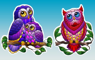 Sticker Set of contour illustrations of stained glass elements with owls sitting on tree branches, owls and branches with leaves isolated on sky background