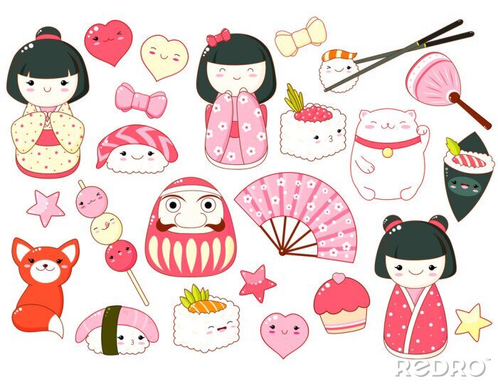 Sticker Set of cute icons in kawaii style