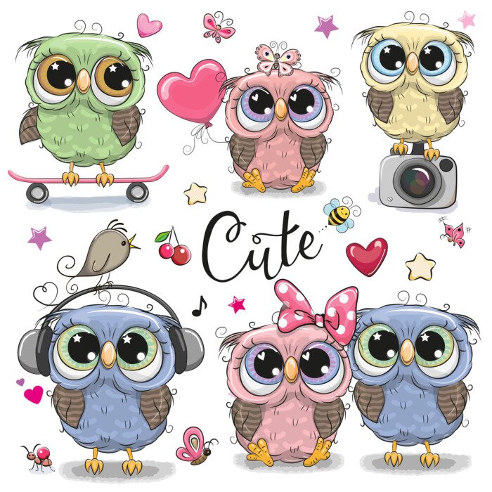 Sticker Set of cute owls on a white background