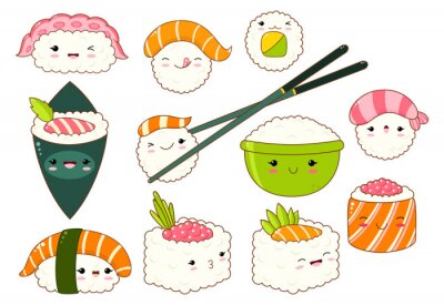Sticker Set of cute sushi and rolls icons in kawaii style
