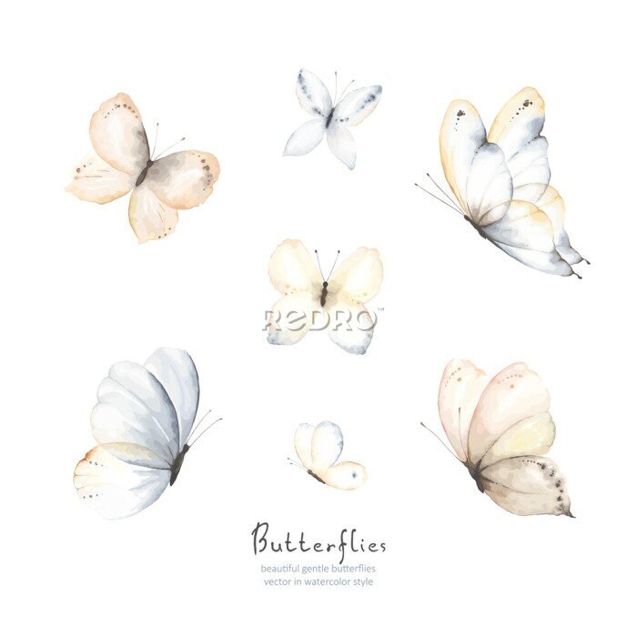 Sticker Set of flying gentle butterflies blue, beige, brown and indigo colors. Vector illustration in vintage watercolor style. Template for your design.