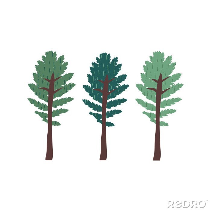 Sticker Set of green trees doodle drawing. Minimal concept of sustainable living, eco forest. Cute plants with texture. Hand drawn flat vector illustration in cartoon style isolated on white background