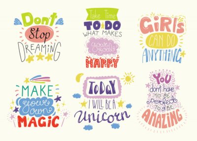 Sticker Set of hand written inspirational lettering quotes. Isolated objects. Hand drawn colorful vector illustration. Design concept for t-shirt print, motivational poster.