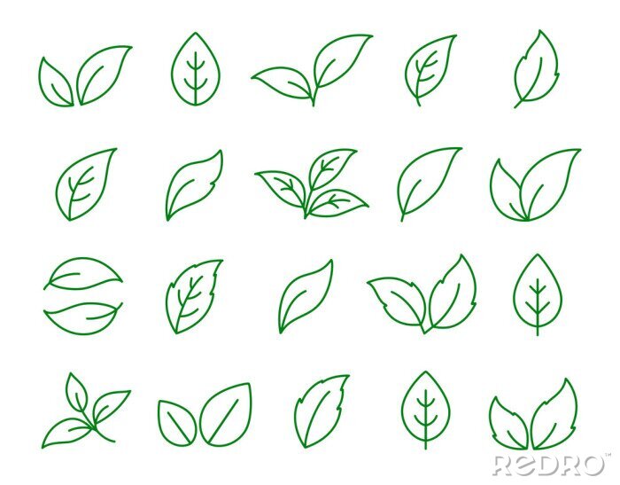 Sticker set of linear green leaf icons on white