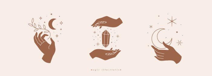 Sticker Set of mystical symbols for spiritual practices. Magical hands keep crescent, crystal, branch against background of stars. Trendy minimalist signs for design of cosmetics, jewelry, handmade products.