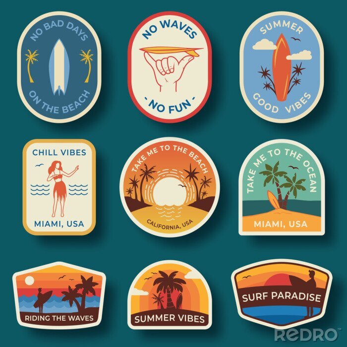 Sticker Set of nine beach badges. Hand drawn palm trees and beach elements in retro style. Summer labels, badges and icons