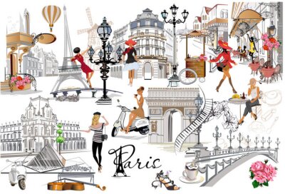 Sticker Set of Paris illustrations with fashion girls, cafes and musicians. Vector illustration.