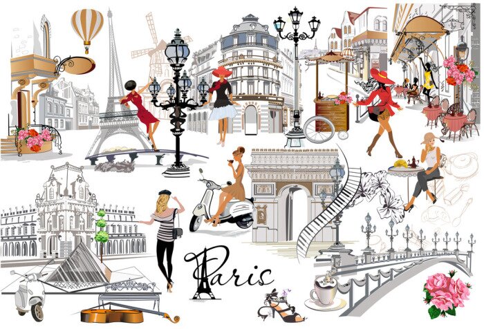 Sticker Set of Paris illustrations with fashion girls, cafes and musicians. Vector illustration.