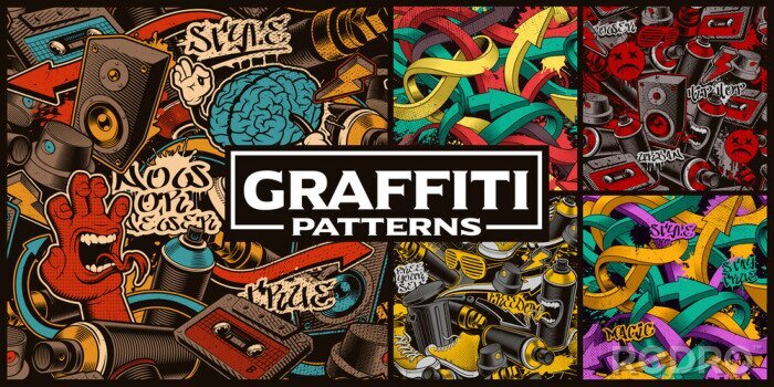 Sticker Set of seamless patterns with graffiti art