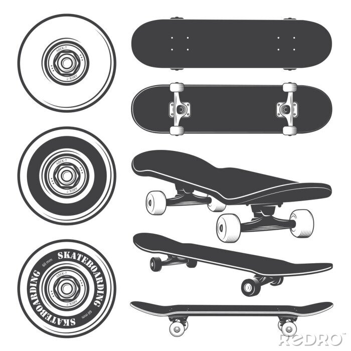 Sticker Set of skateboards and skateboarding wheels.