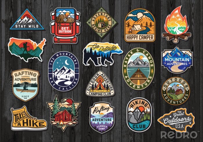 Sticker Set of Vintage Outdoor Summer Camp Logo Patches on Wood board. Hand drawn and vector emblem designs. Great for shirts, stamps, stickers logos and labels.